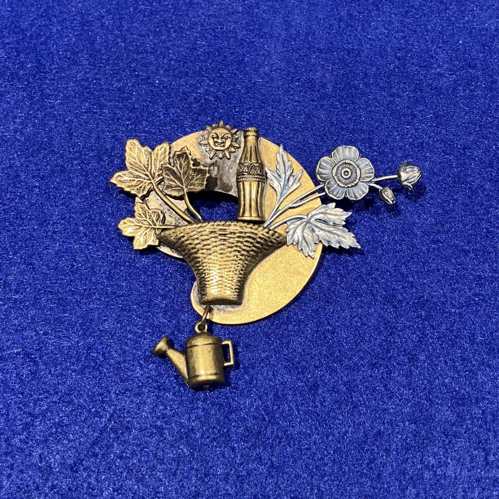 Vintage 1997 Susan L Richardson Coca-Cola Garden Brooch Mixed Metal Watering Can